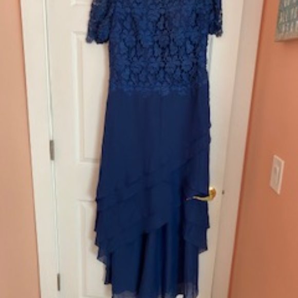 Scoop Neck Asymmetrical Chiffon Lace Mother of the Bride Dress With Cascading Ru - Picture 1 of 5